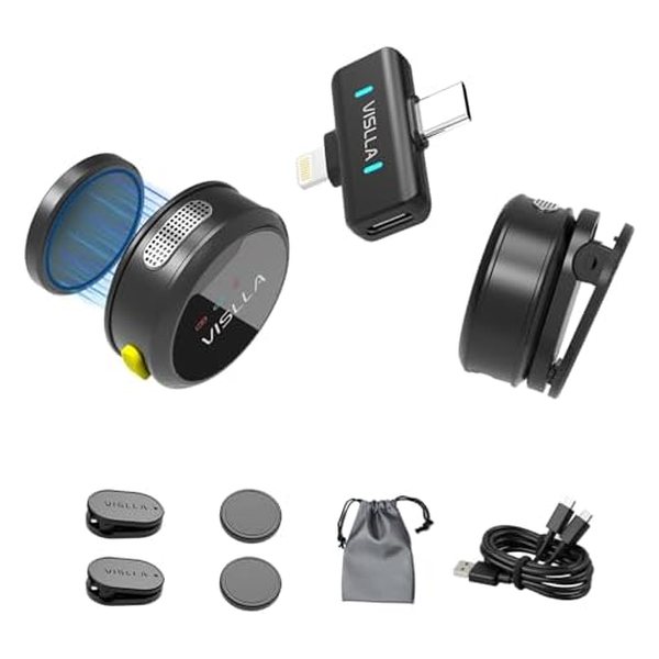 Vislla Mini Microphone for iPhone & Android, Furry Windscreen, Noise Cancelling Wireless Lavalier Microphone,Clip On Lapel Mini Mic Pro for Content Creators Vlogging/YouTube/Tiktok/Streaming/Interview